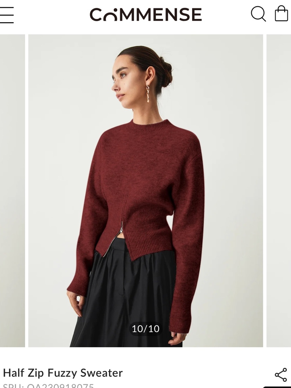 Commense Half-Zip Fuzzy Sweater in Burgundy small mock neck